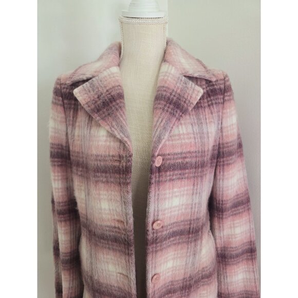 Hennes HM Vintage Pink Plaid Wool Blend Single Breasted Long Mid Coat 10 M - Picture 2 of 12